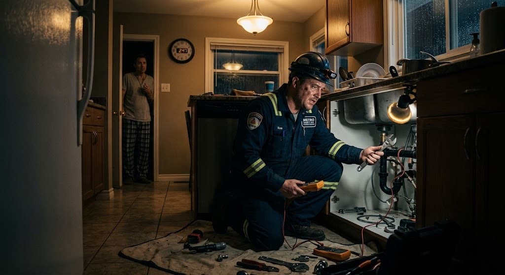 A plumber in a headlamp working under a kitchen sink late at night while the homeowner watches from the doorway in pyjamas