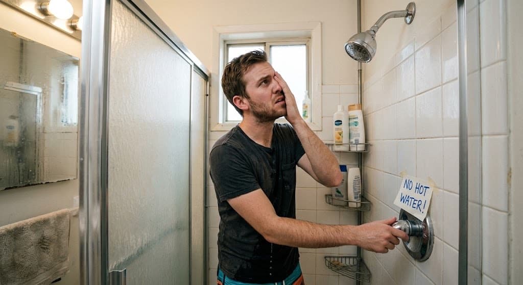 A man standing under a cold shower with one hand on the valve, next to a handwritten NO HOT WATER sign