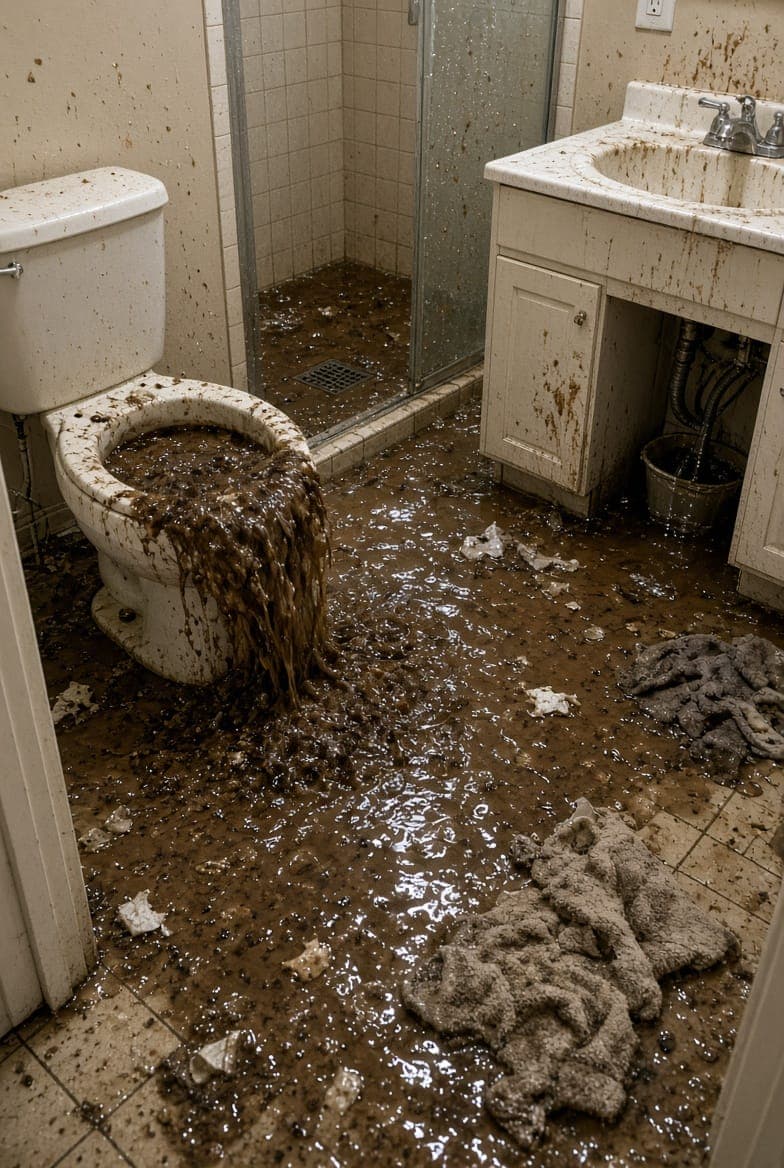 Raw sewage overflowing from a toilet and spreading across a tiled bathroom floor